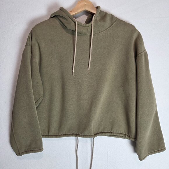 Cropped Hoodie Womens M Drawstring Olive Green Tweed Distressed Sweatshirt Hood - Picture 1 of 8